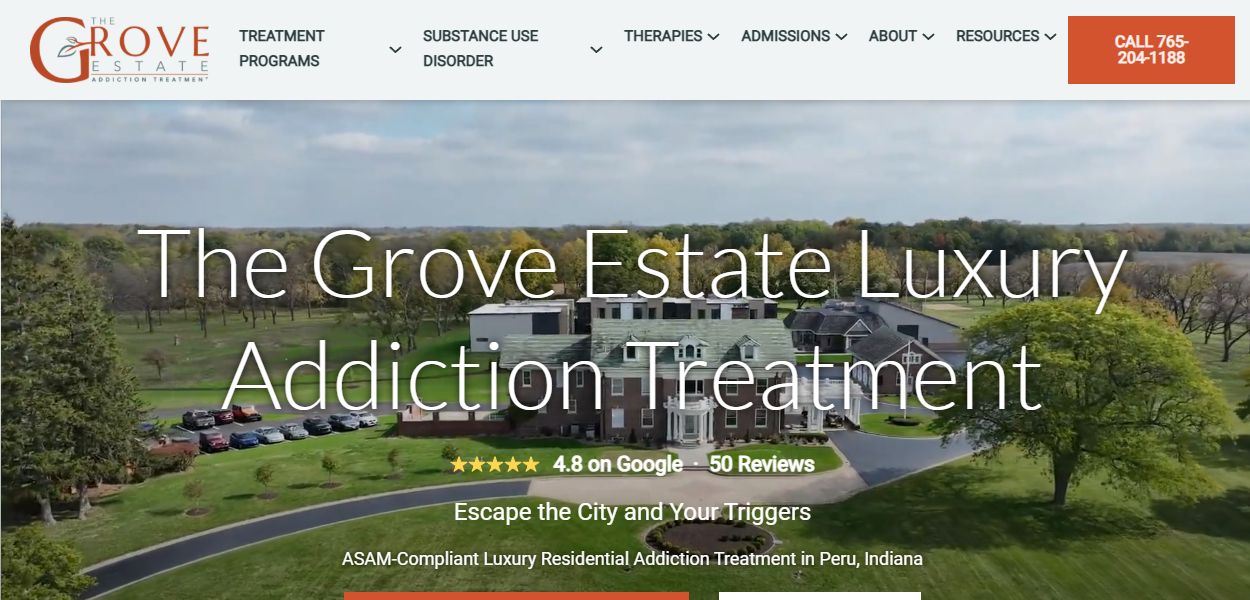 Screenshot of The Grove Estate homepage showing an aerial view of its wooded treatment campus in Peru, Indiana